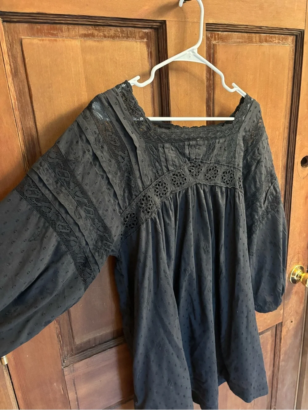 Free People Black Crochet & Eyelet Peasant Blouse